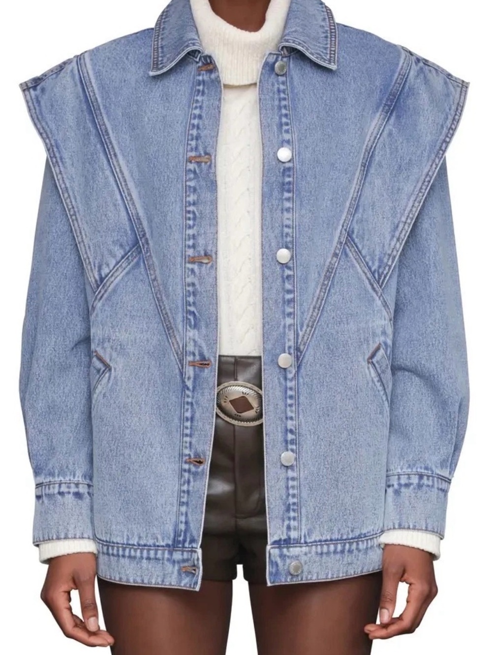 Avec Les Filles Light Blue Denim Oversized Jean Jacket with Structured Shoulders
